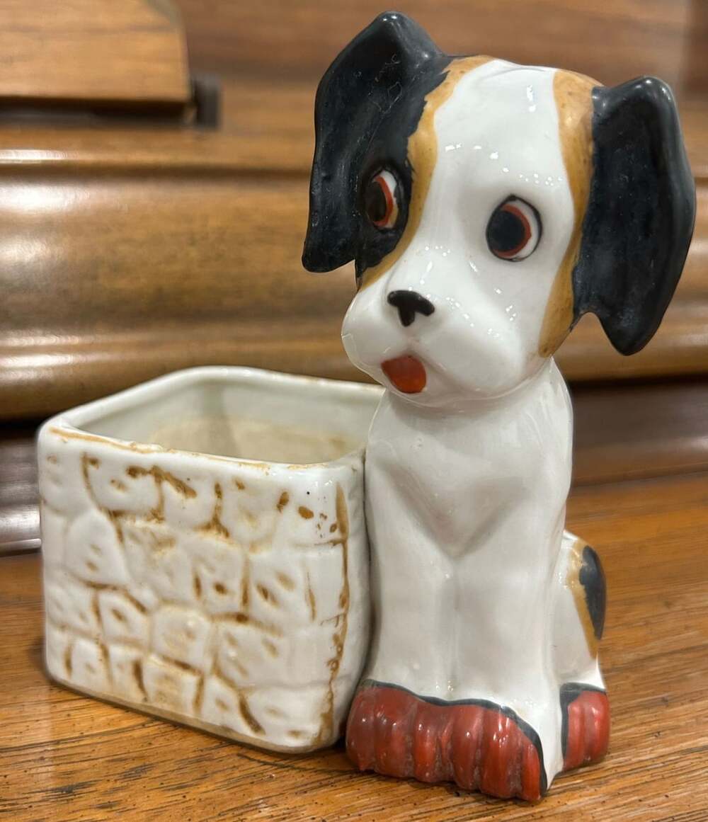 Vintage Ceramic Dog Planter Figurine with Puppy Next to Brick Pot